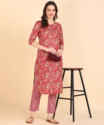 Women's Red Printed Cotton Kurti With Pant Set 1