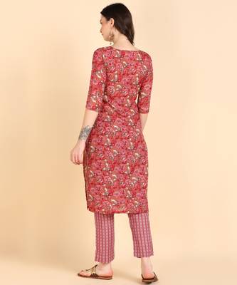 Women's Red Printed Cotton Kurti With Pant Set 2