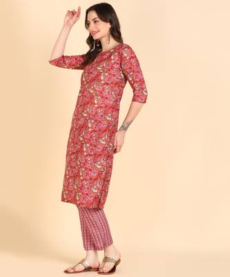 Women's Red Printed Cotton Kurti With Pant Set 3