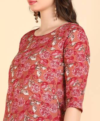Women's Red Printed Cotton Kurti With Pant Set 4