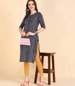 Navy Blue Printed Cotton Straight Kurta