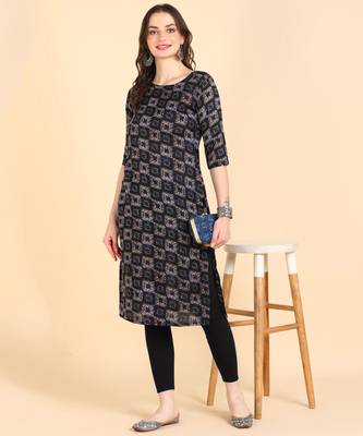 Navy Blue Printed Cotton Straight Kurta 1