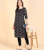 Navy Blue Printed Cotton Straight Kurta