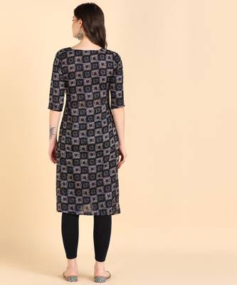 Navy Blue Printed Cotton Straight Kurta 3