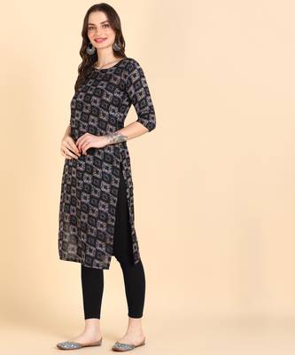 Navy Blue Printed Cotton Straight Kurta 5