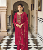 Rani Color Designer Fancy Party Wear Georgette Straight Indian Pakistani Salwar Suit With Sequence Work Semi Stitched