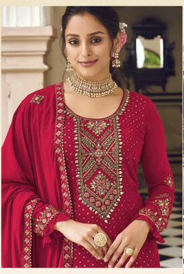 Rani Color Designer Fancy Party Wear Georgette Straight Indian Pakistani Salwar Suit With Sequence Work Semi Stitched 2