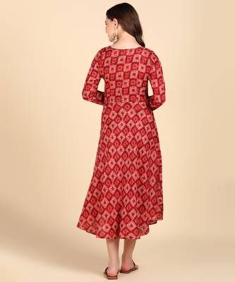 Red Printed Cotton Round Kurta 2