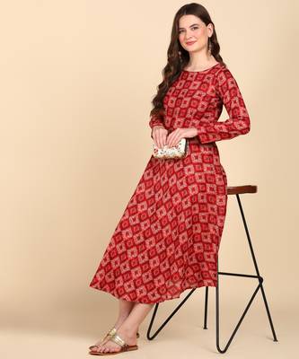 Red Printed Cotton Round Kurta 3