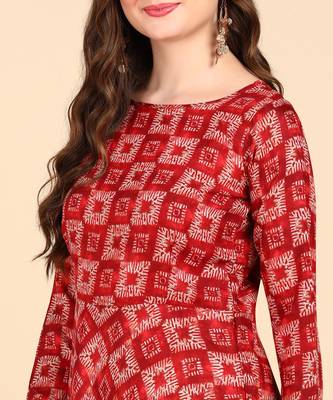 Red Printed Cotton Round Kurta 4