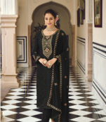 Black Color Designer Fancy Party Wear Georgette Straight Indian Pakistani Salwar Suit With Sequence Work Semi Stitched