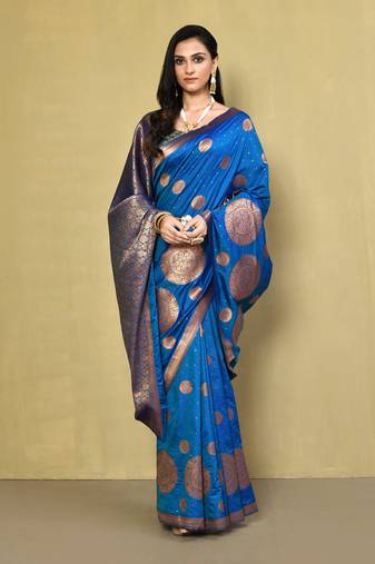 Elora silk blend banarasi woven designer saree for women (sky blue)