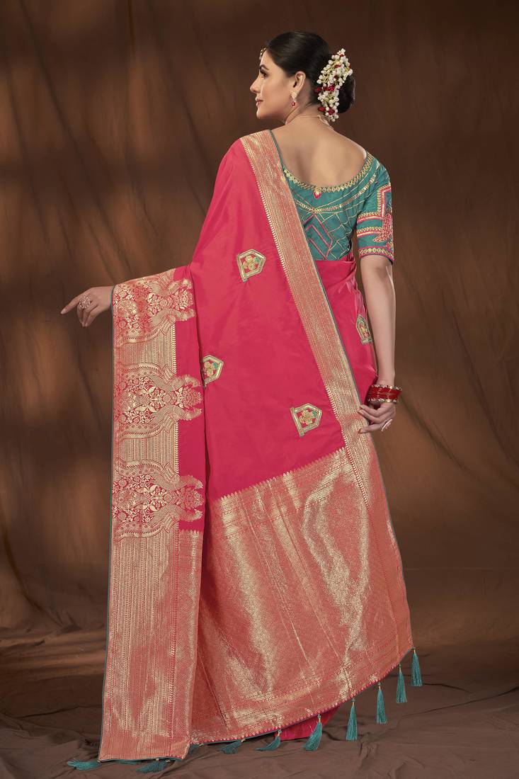 Manohari designer most trendy woven pink saree with unstitch blouse piece