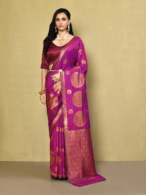 Elora silk blend banarasi woven designer saree for women (dusty purple) 1