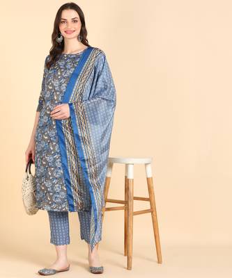 Women's Blue Printed Cotton Kurti With Pant and Dupatta Set 1