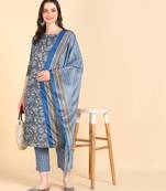 Women's Blue Printed Cotton Kurti With Pant and Dupatta Set