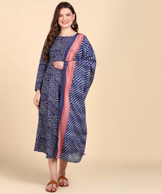 Women's Blue Printed Cotton Kurti With Foil Printed Dupatta Set 1