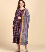 Women's Purple Printed Cotton Kurti With Foil Printed Dupatta Set