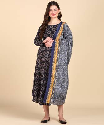 Women's Navy blue Printed Cotton Kurti With Foil Printed Dupatta Set 1