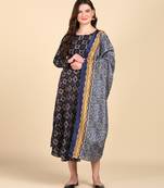 Women's Navy blue Printed Cotton Kurti With Foil Printed Dupatta Set