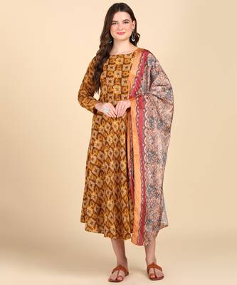 Women's Mustard Printed Cotton Kurti With Foil Printed Dupatta Set 1