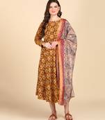 Women's Mustard Printed Cotton Kurti With Foil Printed Dupatta Set