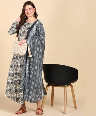 Women's Grey Printed Cotton Kurti With Foil Printed Dupatta Set 1