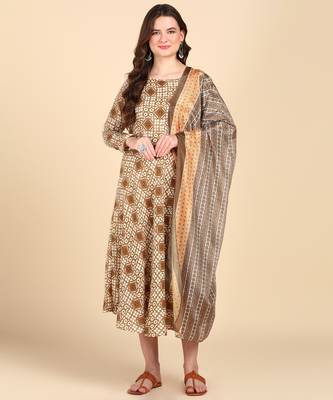 Women's Beige Printed Cotton Kurti With Foil Printed Dupatta Set 1