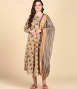 Women's Beige Printed Cotton Kurti With Foil Printed Dupatta Set