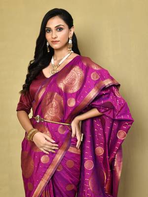 Elora silk blend banarasi woven designer saree for women (dusty purple) 3
