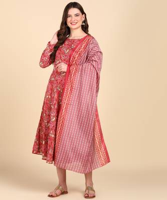 Women's Red Printed Cotton Kurti With Foil Printed Dupatta Set 1