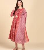Women's Red Printed Cotton Kurti With Foil Printed Dupatta Set
