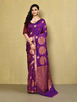 Elora silk blend banarasi woven designer saree for women (magenta) 1