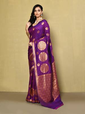 Elora silk blend banarasi woven designer saree for women (magenta) 2