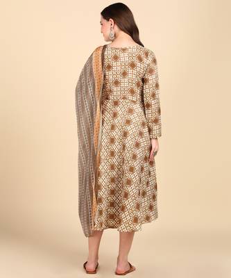 Women's Beige Printed Cotton Kurti With Foil Printed Dupatta Set 3