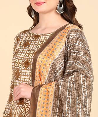 Women's Beige Printed Cotton Kurti With Foil Printed Dupatta Set 5