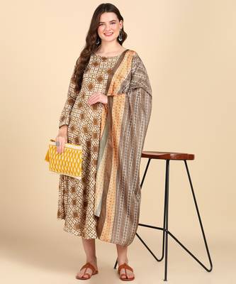 Women's Beige Printed Cotton Kurti With Foil Printed Dupatta Set 6