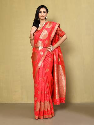 Elora silk blend banarasi woven designer saree for women (red) 1