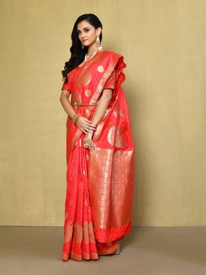 Elora silk blend banarasi woven designer saree for women (red) 2