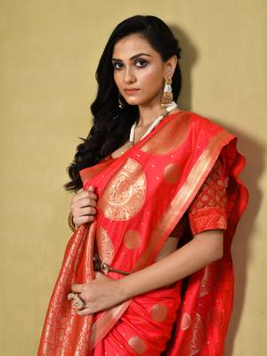 Elora silk blend banarasi woven designer saree for women (red) 3