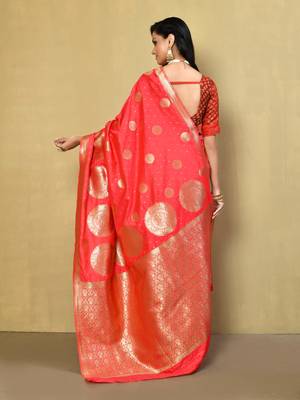 Elora silk blend banarasi woven designer saree for women (red) 4