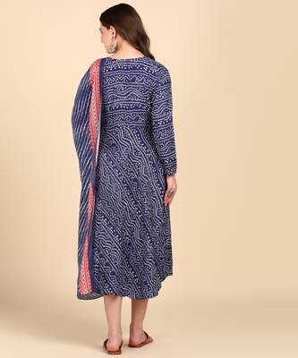 Women's Blue Printed Cotton Kurti With Foil Printed Dupatta Set 2