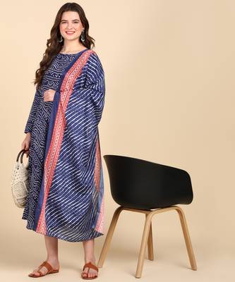 Women's Blue Printed Cotton Kurti With Foil Printed Dupatta Set 3