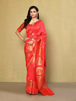 Elora silk blend banarasi woven designer saree for women (pink) 1