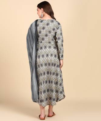 Women's Grey Printed Cotton Kurti With Foil Printed Dupatta Set 2