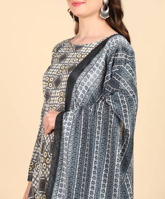 Women's Grey Printed Cotton Kurti With Foil Printed Dupatta Set 6