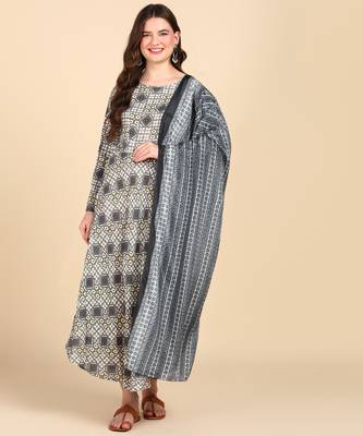 Women's Grey Printed Cotton Kurti With Foil Printed Dupatta Set 7