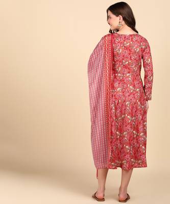 Women's Red Printed Cotton Kurti With Foil Printed Dupatta Set 2