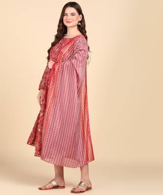 Women's Red Printed Cotton Kurti With Foil Printed Dupatta Set 3