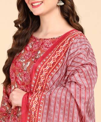 Women's Red Printed Cotton Kurti With Foil Printed Dupatta Set 6